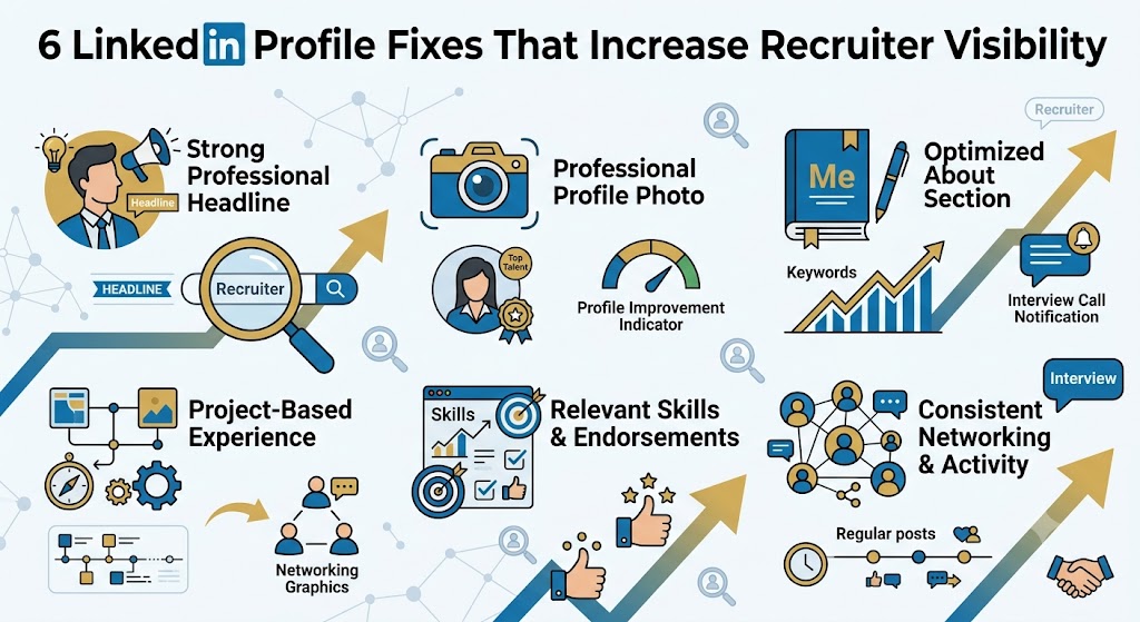 Infographic highlighting six LinkedIn optimization techniques including headline, photo, about section, projects, skills, and networking