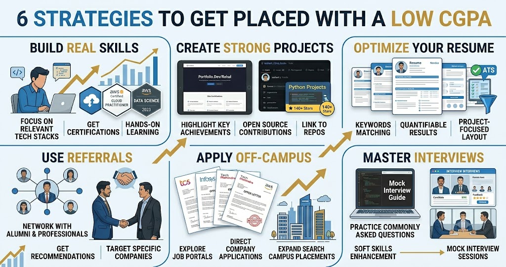 Infographic showing six effective strategies for students with low CGPA including skills, projects, referrals, internships, resume optimization, and interview preparation