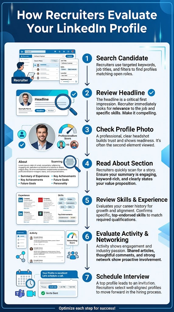 Infographic showing the steps recruiters follow when reviewing LinkedIn profiles and shortlisting candidates