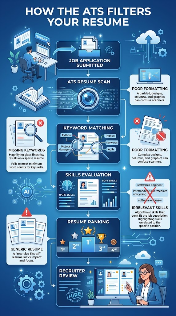 Infographic explaining how applicant tracking systems scan, filter, and rank resumes before recruiters review them