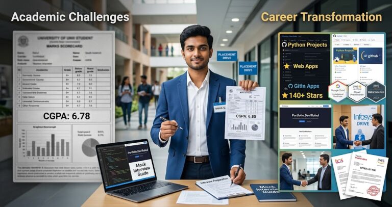 Student with a low CGPA successfully preparing for a campus placement interview through skills, projects, and interview practice