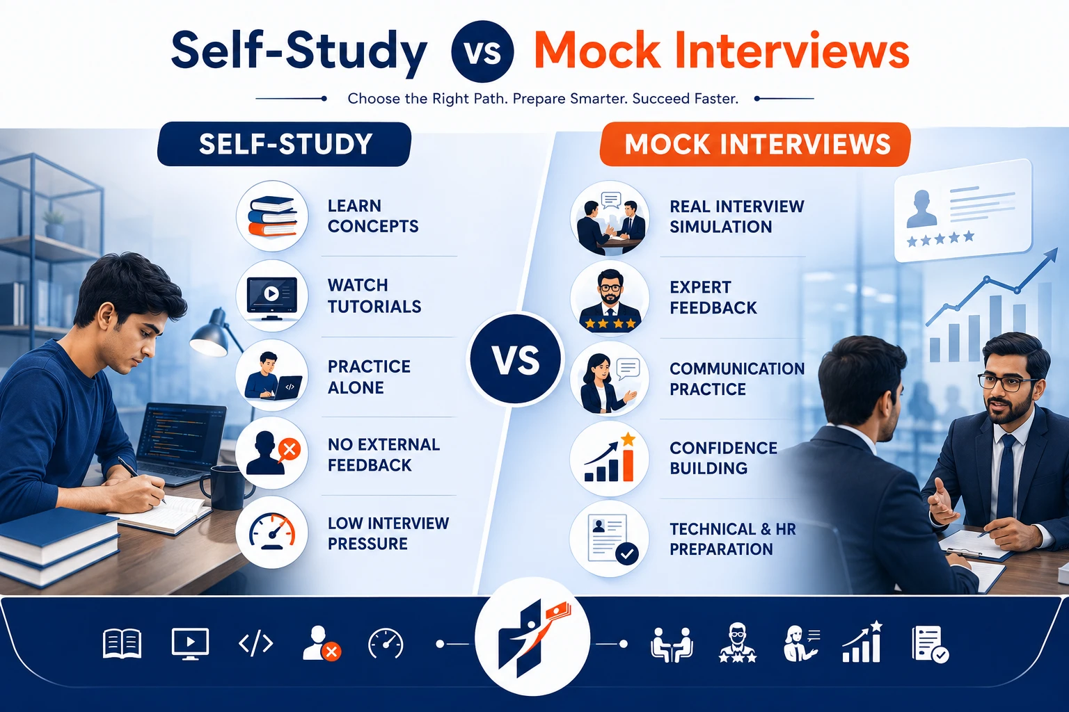 Comparison infographic showing the differences between self-study and real mock interviews for placement preparation