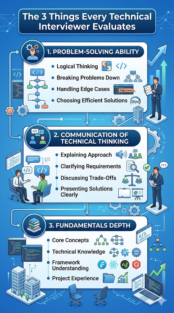 Infographic showing the three primary evaluation areas in technical interviews: problem solving, communication skills, and technical fundamentals.