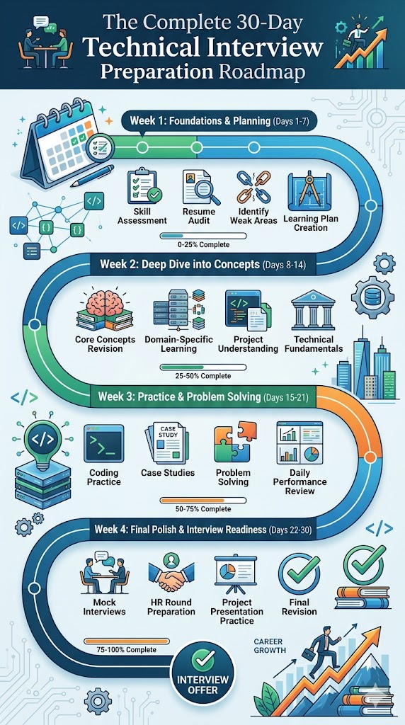 Timeline infographic showing a structured four-week technical interview preparation strategy for freshers and students.