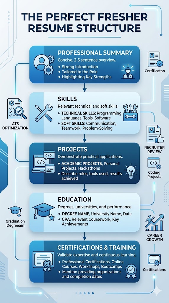Infographic showing the ideal structure of a fresher resume including summary, skills, projects, education, and certifications
