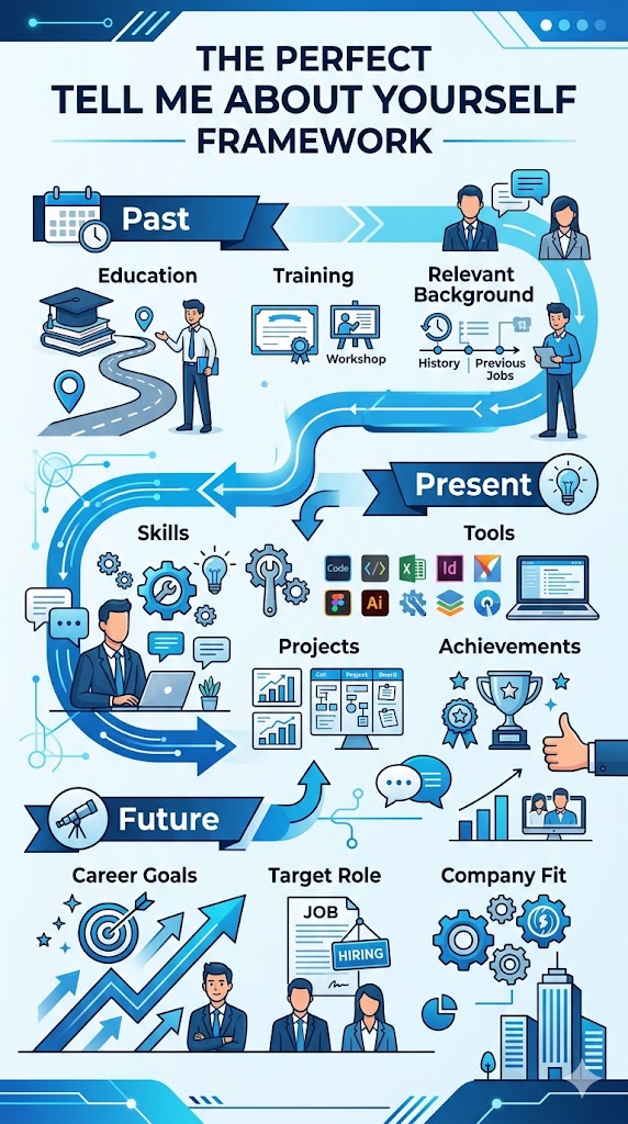 Infographic explaining the Past Present Future framework for answering tell me about yourself in interviews