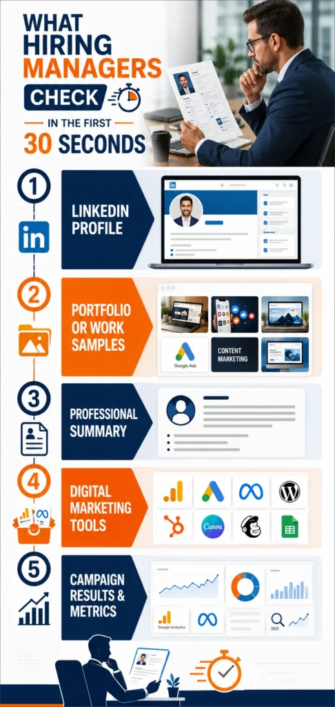 Infographic showing the first elements recruiters scan in a digital marketing fresher resume including LinkedIn, portfolio, professional summary, skills, and campaign metrics