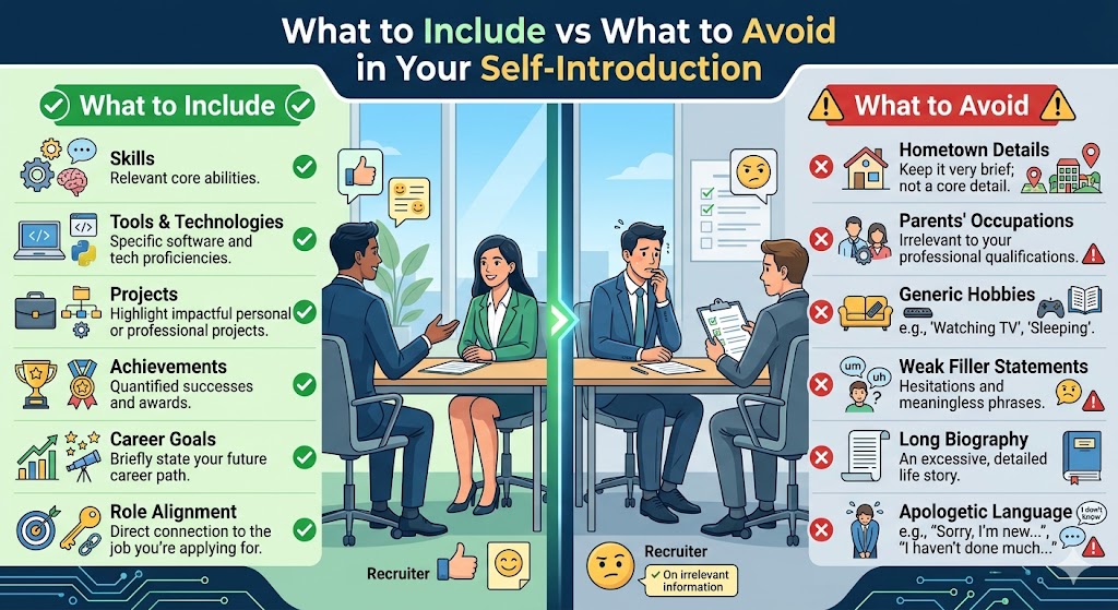 Comparison infographic showing effective interview introduction elements versus common mistakes candidates make