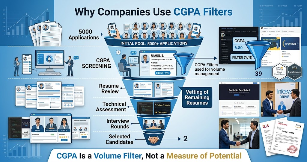 Infographic explaining how companies use CGPA cutoffs to manage large volumes of applications during recruitment