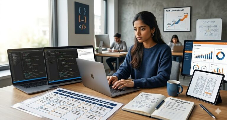 Student preparing for a technical interview using a structured 30-day roadmap, coding practice, mock interviews, and placement preparation strategies.