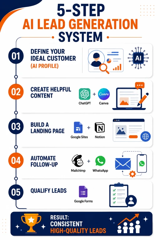 Vertical infographic illustrating a five-step AI lead generation system for small businesses, featuring customer profiling, AI content creation with ChatGPT and Canva, landing page creation using Google Sites and Notion, automated follow-up with Mailchimp and WhatsApp, lead qualification using Google Forms, and a final result of consistent high-quality leads.