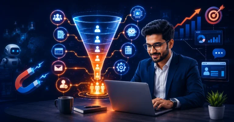 Indian entrepreneur working on a laptop with a futuristic AI-powered lead generation funnel, surrounded by digital marketing icons including chatbot, email, analytics, website, automation, and customer acquisition visuals in a modern corporate workspace.