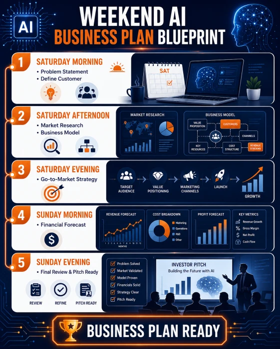 Five-step infographic showing how AI helps entrepreneurs create a startup business plan over a weekend.