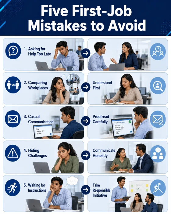 Infographic explaining five common mistakes freshers make in their first job and the professional actions they should take instead.