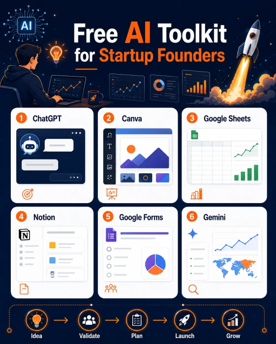 Infographic highlighting free AI tools for startup planning, market research, financial planning and marketing.