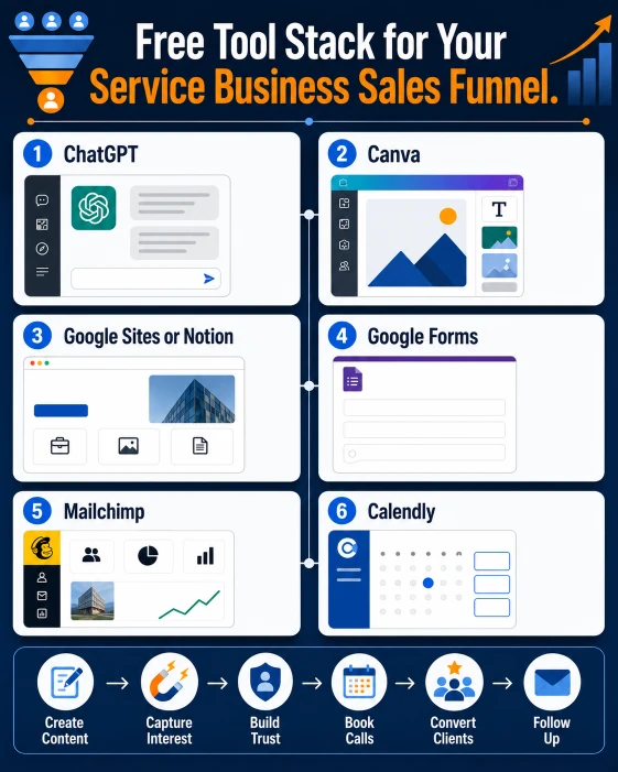 Free tools for creating content, lead magnets, landing pages, emails, discovery calls, and sales funnel follow-ups