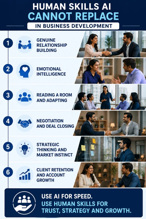 Infographic explaining human business development skills that artificial intelligence cannot replace