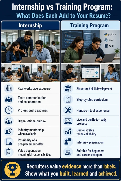 Comparison of internships and training programs based on skills, projects, mentorship, workplace exposure and resume value