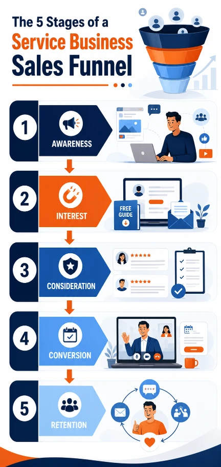 Five stages of a service business sales funnel from awareness and interest to conversion and client retention