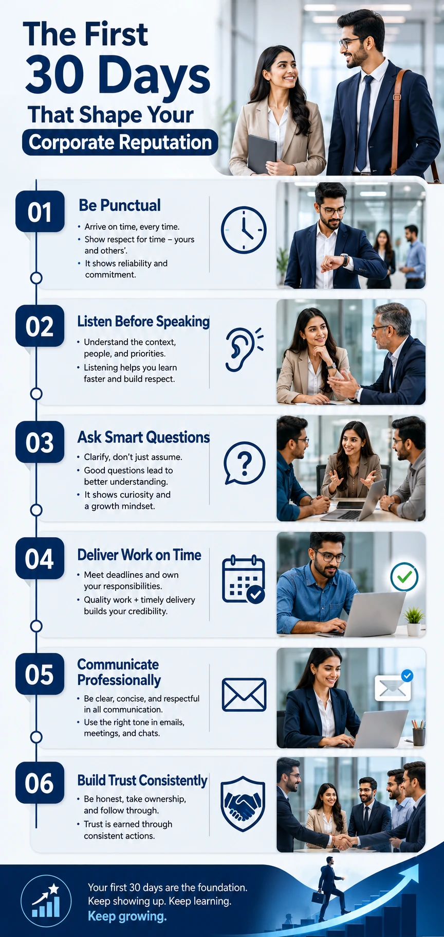Infographic showing the key habits that help freshers create a positive first impression in corporate workplaces