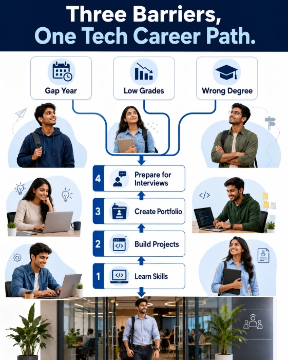 Infographic showing how people with a gap year, low grades or an unrelated degree can build a tech career through skills, projects, portfolios and interview preparation.