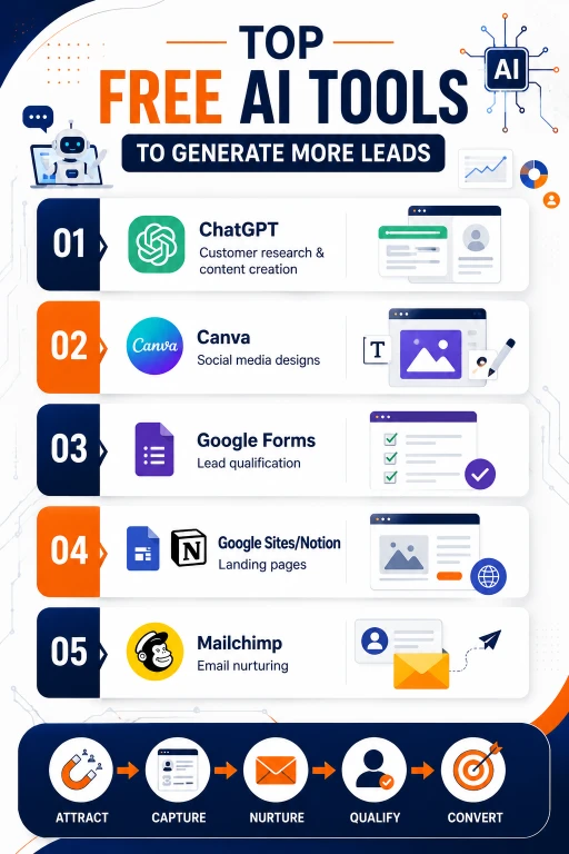 Vertical infographic showcasing the top free AI tools for lead generation, including ChatGPT for customer research and content creation, Canva for social media design, Google Forms for lead qualification, Google Sites and Notion for landing pages, and Mailchimp for email nurturing, with a visual workflow from Attract to Convert.