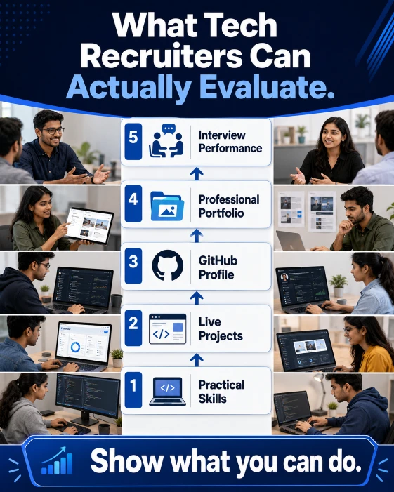 Infographic showing the practical skills, live projects, GitHub profile, portfolio and interview performance that technology recruiters can evaluate.