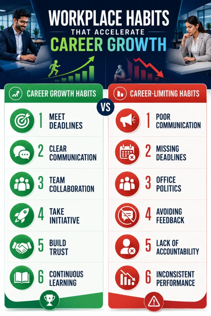 Infographic comparing productive workplace habits with behaviors that slow career growth for freshers