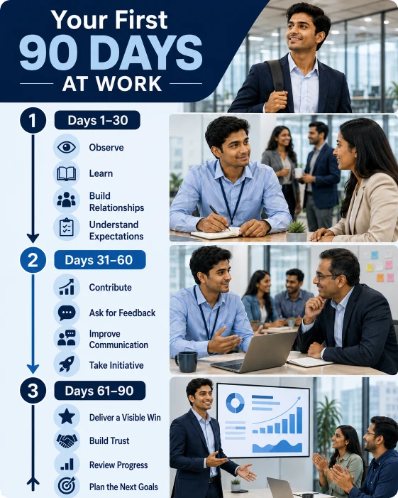 Thirty-sixty-ninety-day plan showing how a fresher can observe, contribute, build trust and succeed in a first job.
