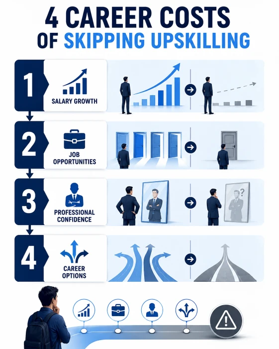 Infographic showing four career costs of skipping upskilling: salary, opportunities, confidence and career options