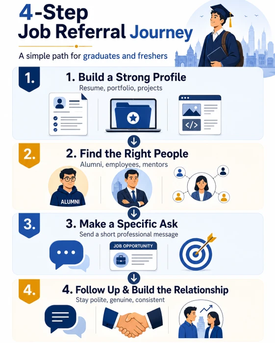 Four-step job referral strategy showing profile preparation, networking, outreach and follow-up