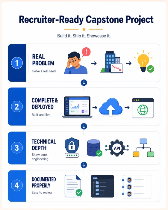 Four qualities of a strong capstone project including real problem solving, deployment, technical depth and documentation