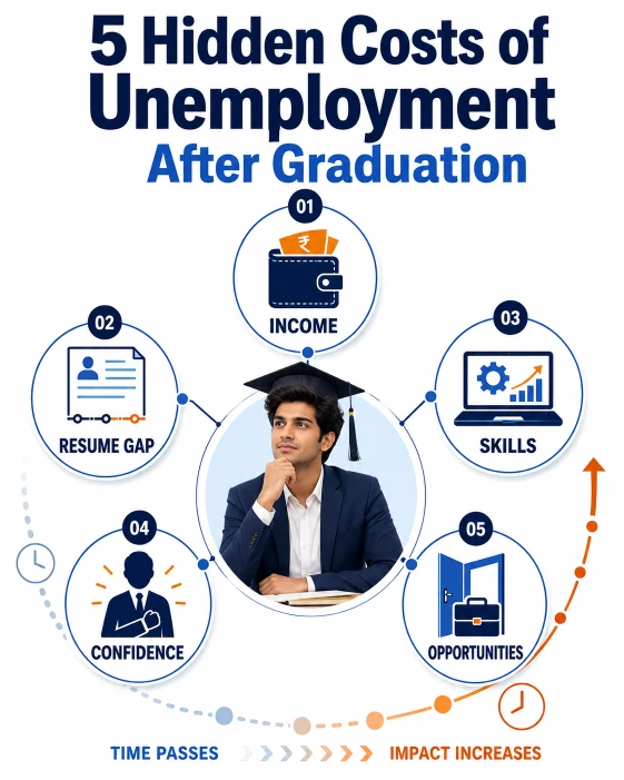 Five hidden career costs of unemployment after graduation including income, resume gap, skills, confidence and opportunities