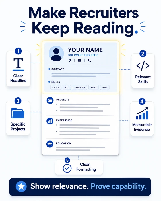 Infographic showing five elements that help a resume get recruiter attention