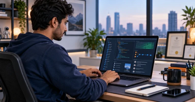 Indian developer showcasing coding projects and GitHub portfolio for a technical job search