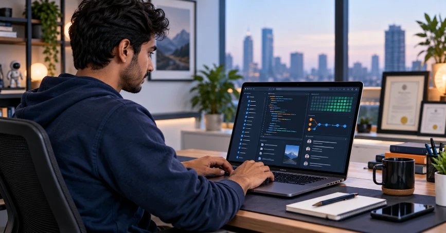 Indian developer showcasing coding projects and GitHub portfolio for a technical job search