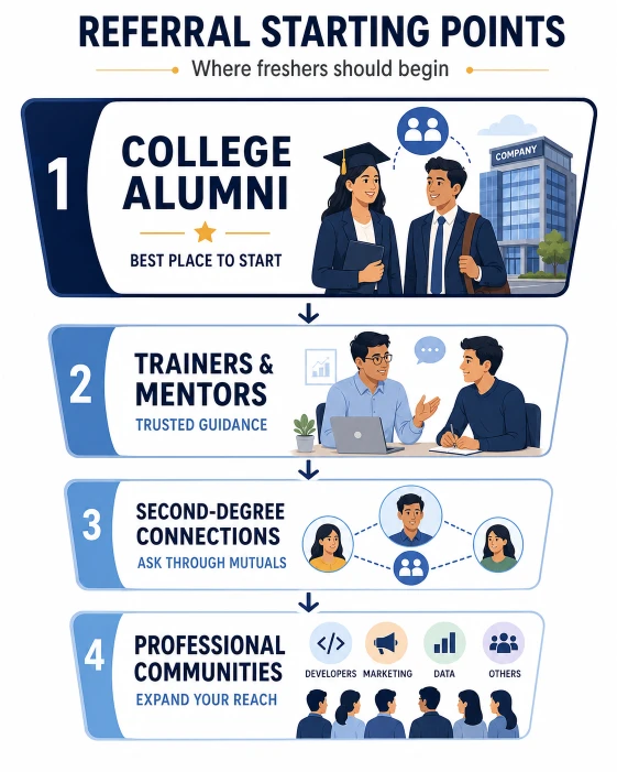 Referral networking priority showing alumni, mentors, mutual connections and professional communities