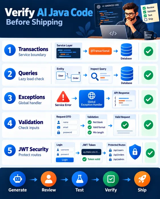 Infographic showing transaction, database, exception, validation and JWT security checks for AI-generated Java code