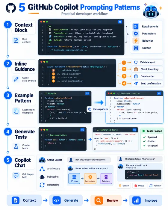 Infographic showing five GitHub Copilot prompting techniques for coding, testing, refactoring and debugging