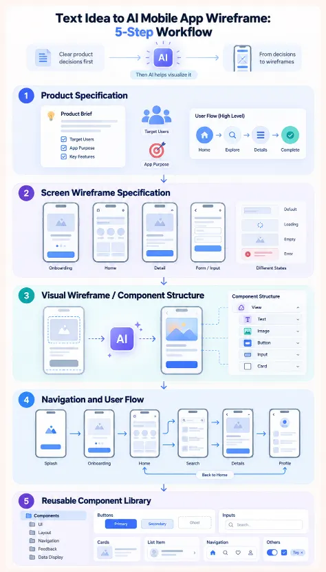 Five-step workflow for generating mobile app wireframes with AI from product specification to reusable components