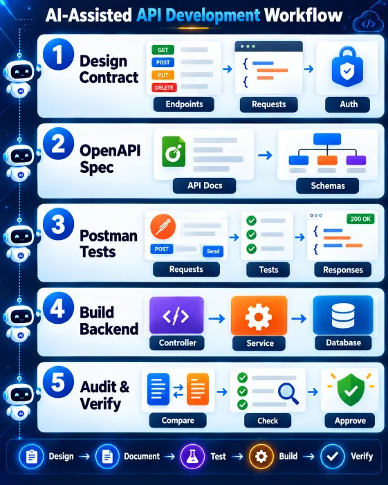 Infographic showing API design, OpenAPI specification, Postman testing, backend development and AI-assisted auditing