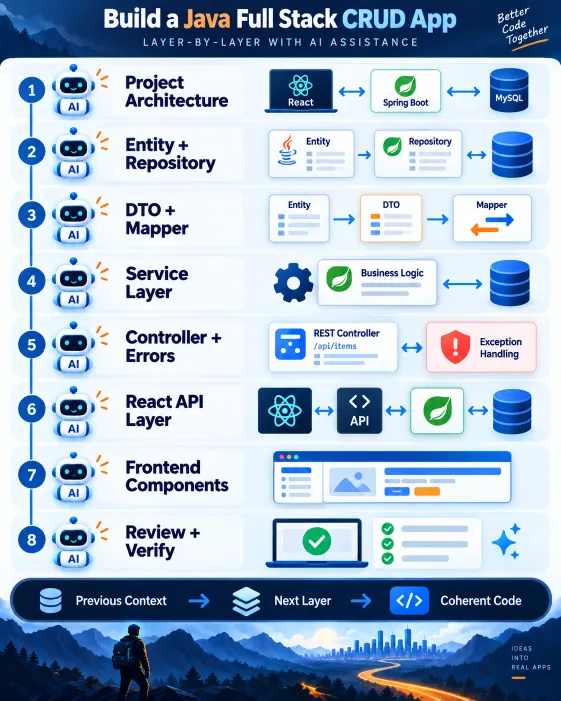 Infographic showing a layer-by-layer AI workflow for building a Java full stack CRUD application