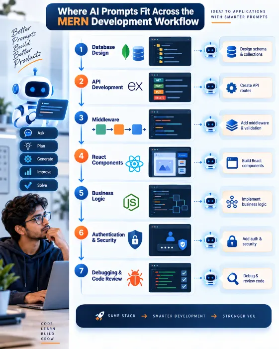 Infographic showing how AI prompts support database design, APIs, React, authentication, debugging and code review in MERN development