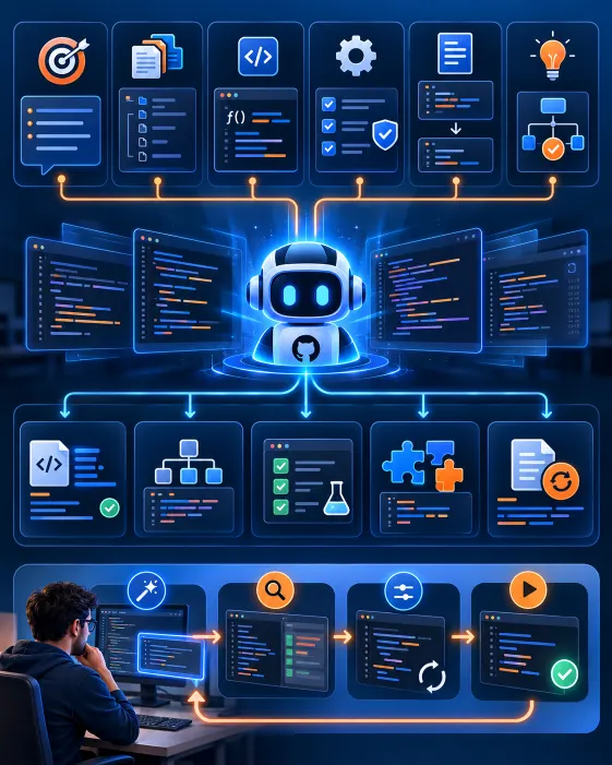 Infographic showing how context, constraints and examples help GitHub Copilot generate more relevant code