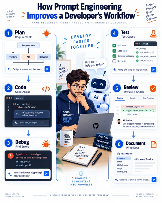 Infographic showing how prompt engineering supports coding, debugging, testing, reviewing and documentation