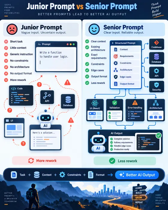 Infographic comparing junior and senior developer prompting approaches for AI-assisted coding
