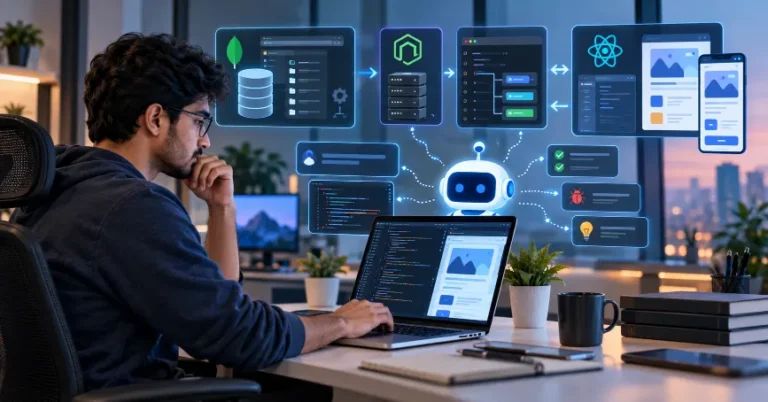 Developer using AI prompts to build and debug a MERN stack application
