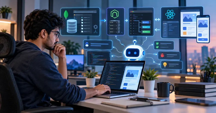 Developer using AI prompts to build and debug a MERN stack application