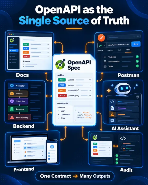 Infographic showing OpenAPI connecting Swagger documentation, Postman tests, backend code, AI and frontend integration