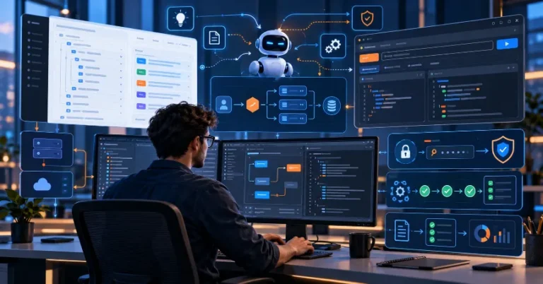Developer integrating AI, Postman, Swagger and API testing in a connected development workflow